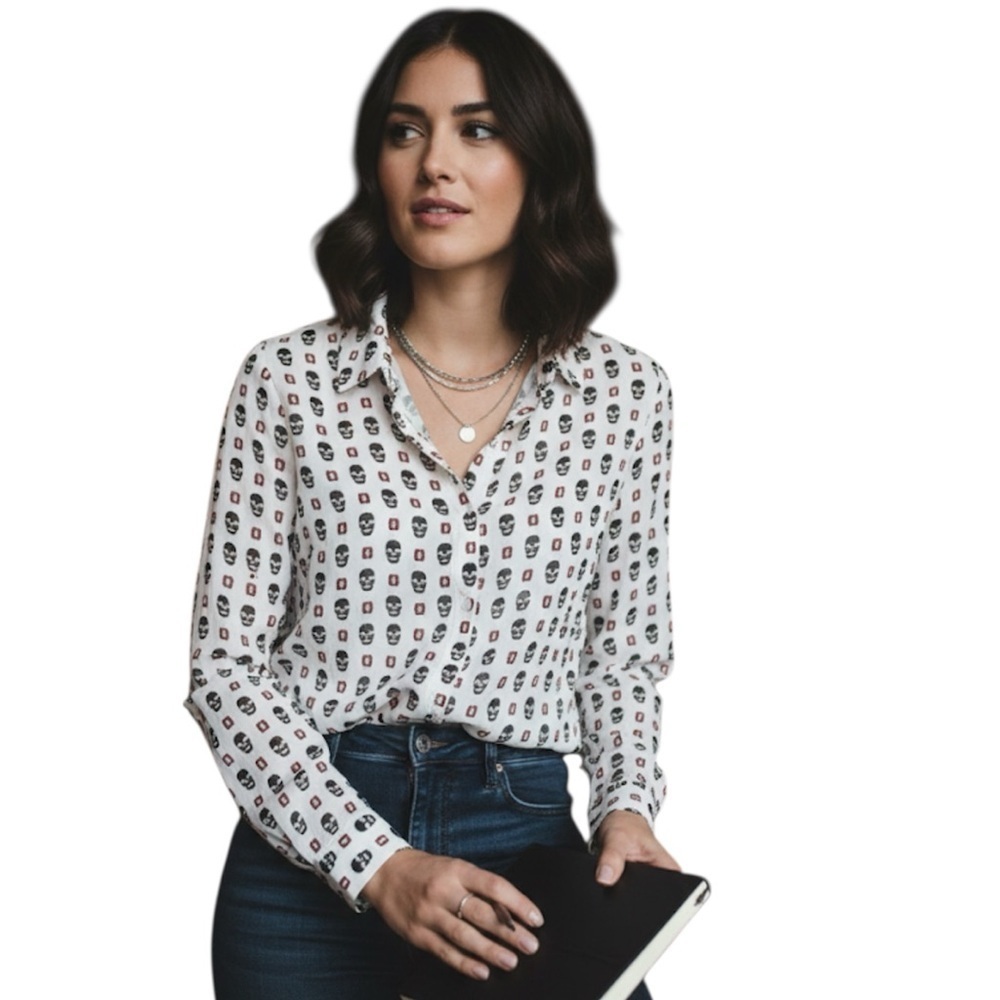 Zara Trafaluc Skull Print Long Sleeve Button-Down Blouse Shirt XS